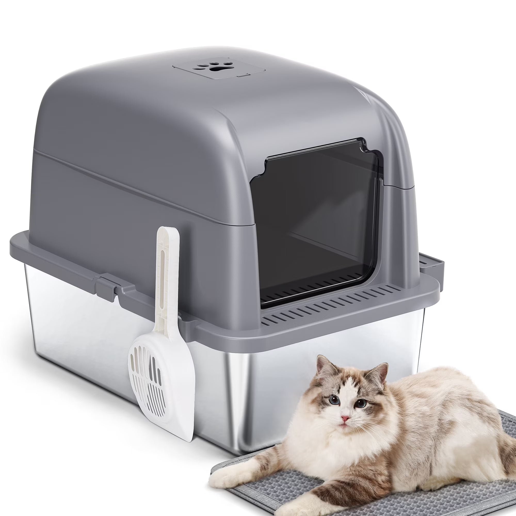 Large Stainless Steel Cat Litter Box with Scoop and Mat Set - Odor, Stain and Rust Resistant, Gray