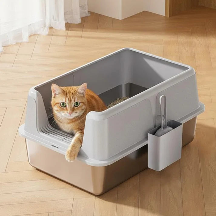 Non-Stick Stainless Steel Litter Box, Side Opening Splash-Proof & Leak-Proof Large Metal Cat Litter Box with Lid & Scoop, Easy-Clean & Durable, 8" Deep Gray