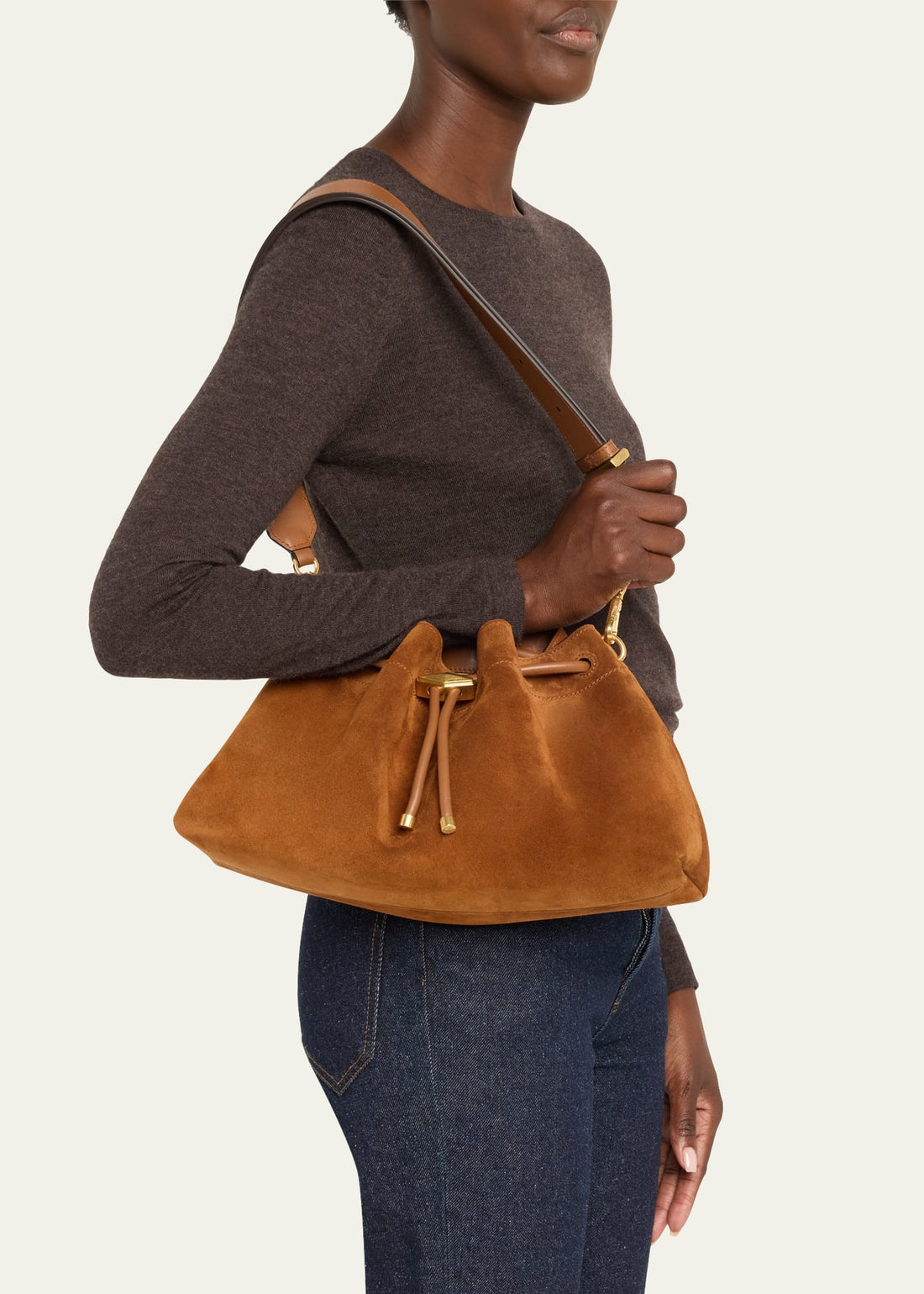 Soft Suede Leather Body with Adjustable Wide Leather Strap & Gold Hardware, Versatile Daily Shoulder Bag
